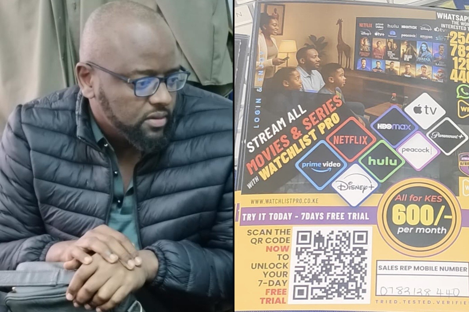 Collage photo of Kelvin Kiplagat  and copyrighted content he was reselling.